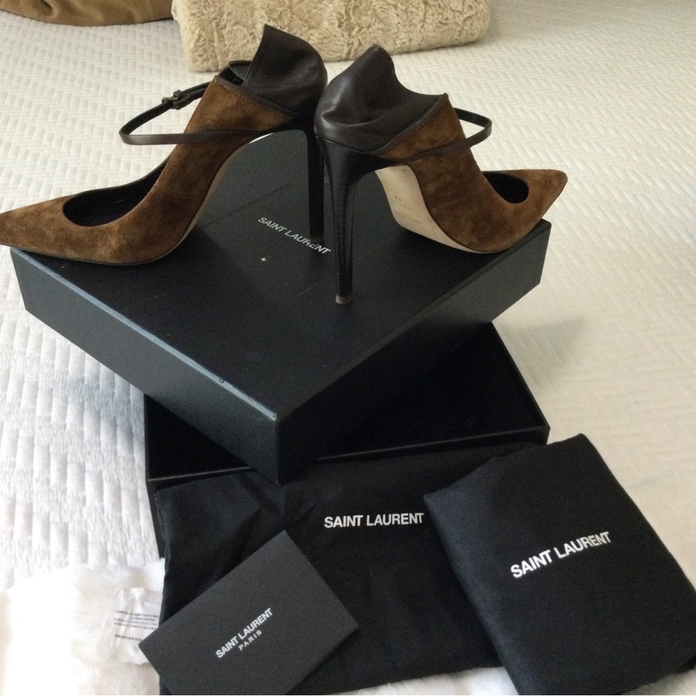 Saint Lauren YSL - Majorelle 105 saddle brown suede and chocolate leather pump